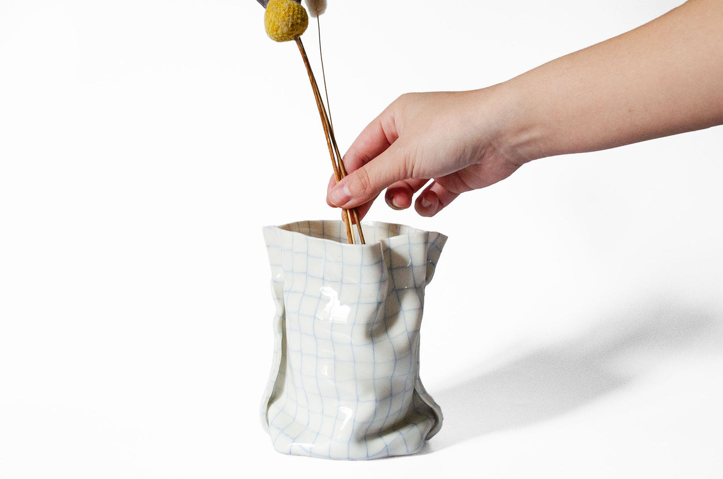 Tall Nerikomi Blue Checkered Bag Vase - Cloth Look