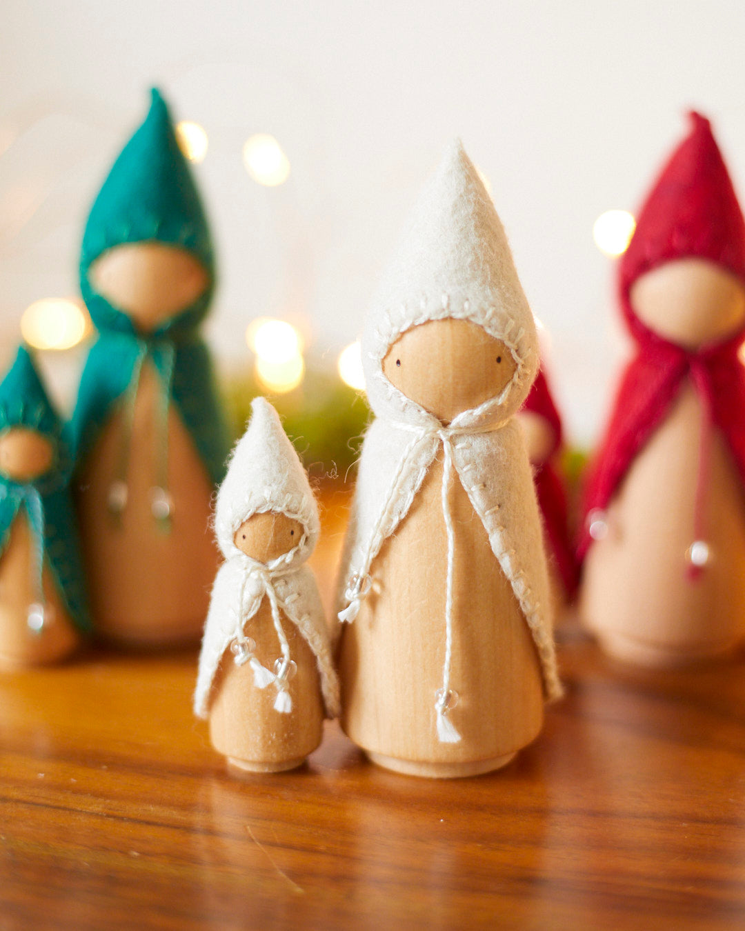 Wooden Gnome with White Beaded Cloak