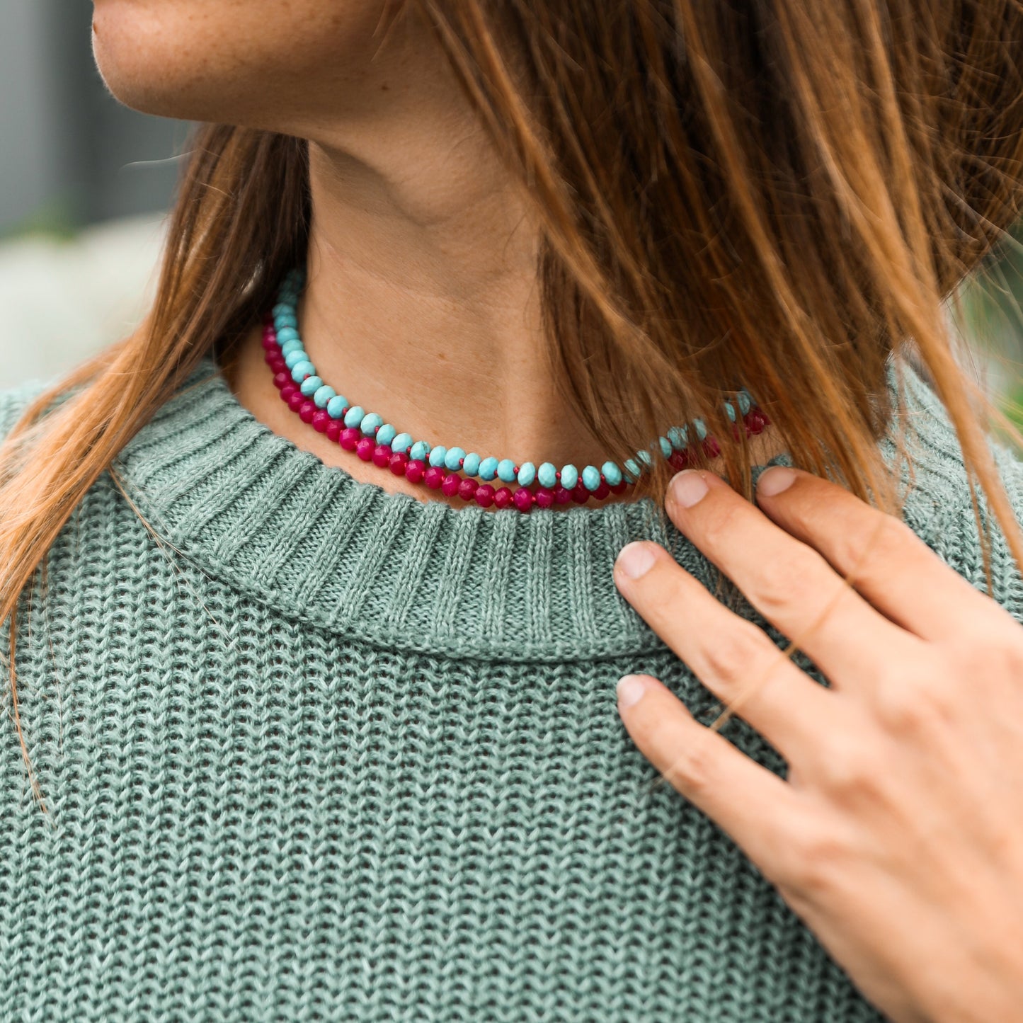 Turquoise Natural Gemstone Necklace - 14k Gold Filled Toggle