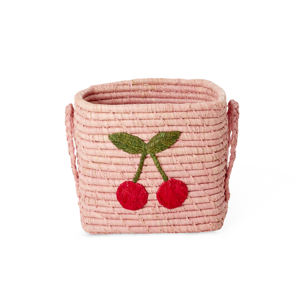 Natural Raffia Square Basket - Pink Cherry Design
