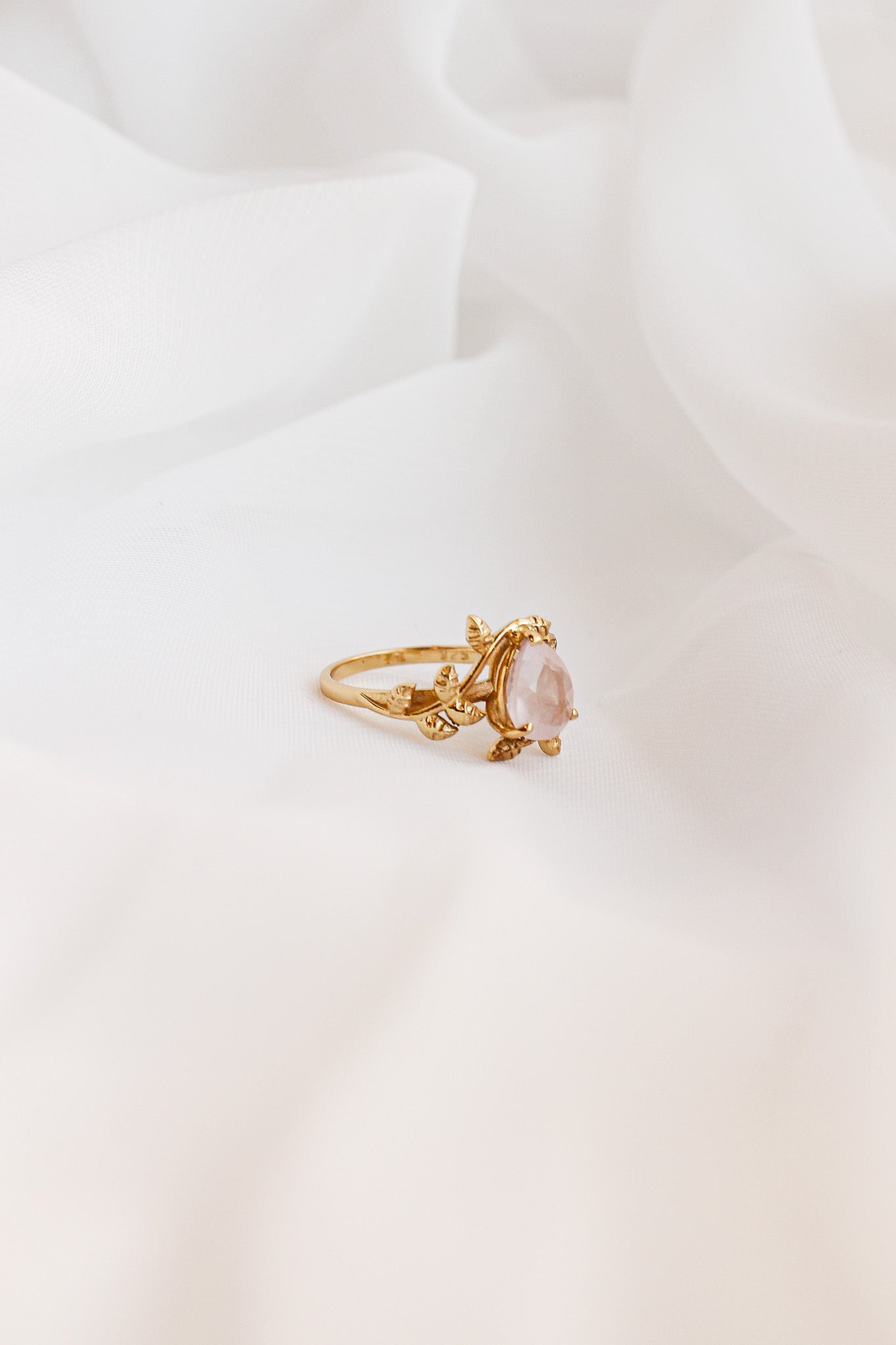 Seraphina Ring - Pink Rose Quartz Ring with Olive Leaf