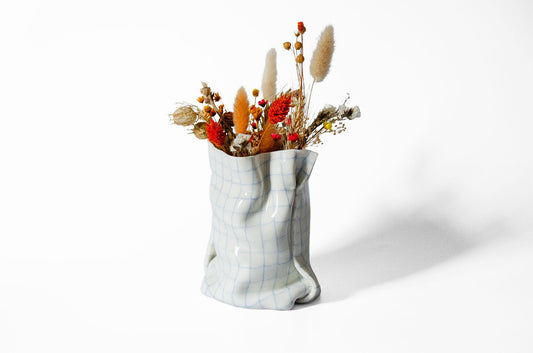 Tall Nerikomi Blue Checkered Bag Vase - Cloth Look