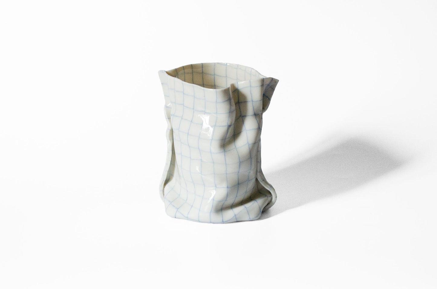 Tall Nerikomi Blue Checkered Bag Vase - Cloth Look