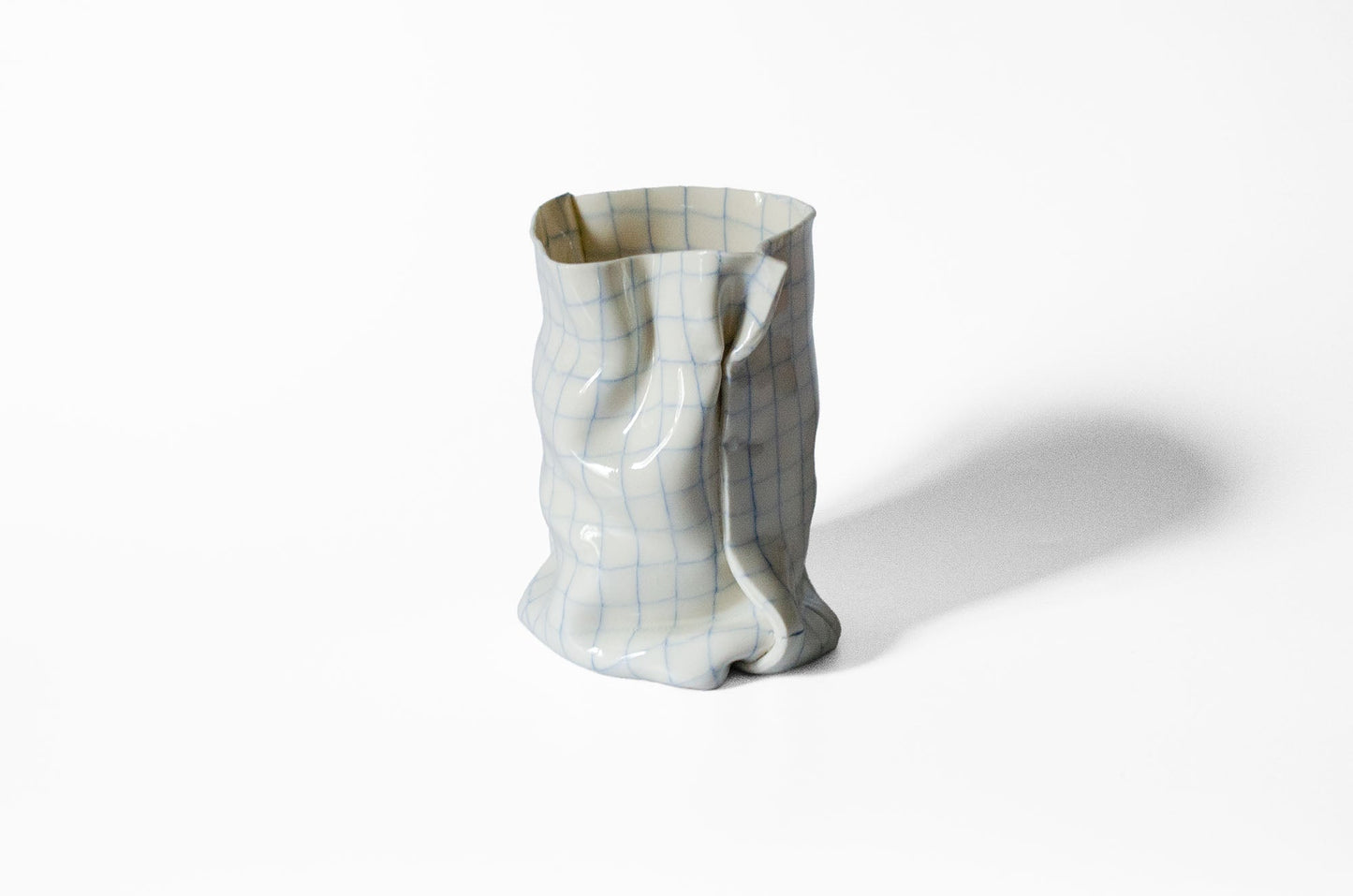 Tall Nerikomi Blue Checkered Bag Vase - Cloth Look