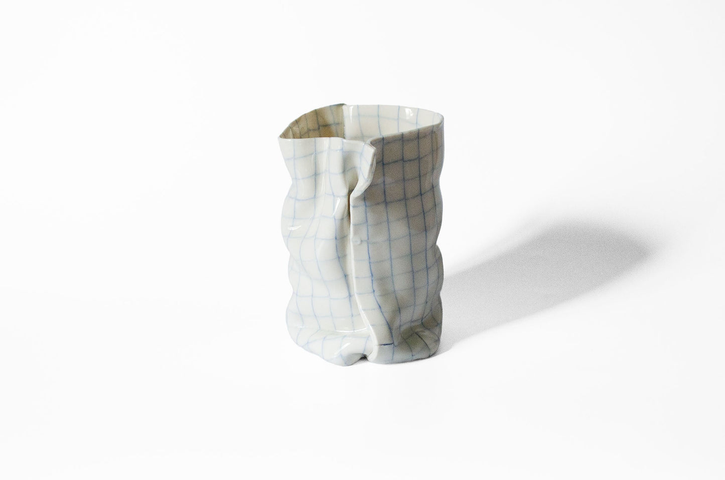 Tall Nerikomi Blue Checkered Bag Vase - Cloth Look