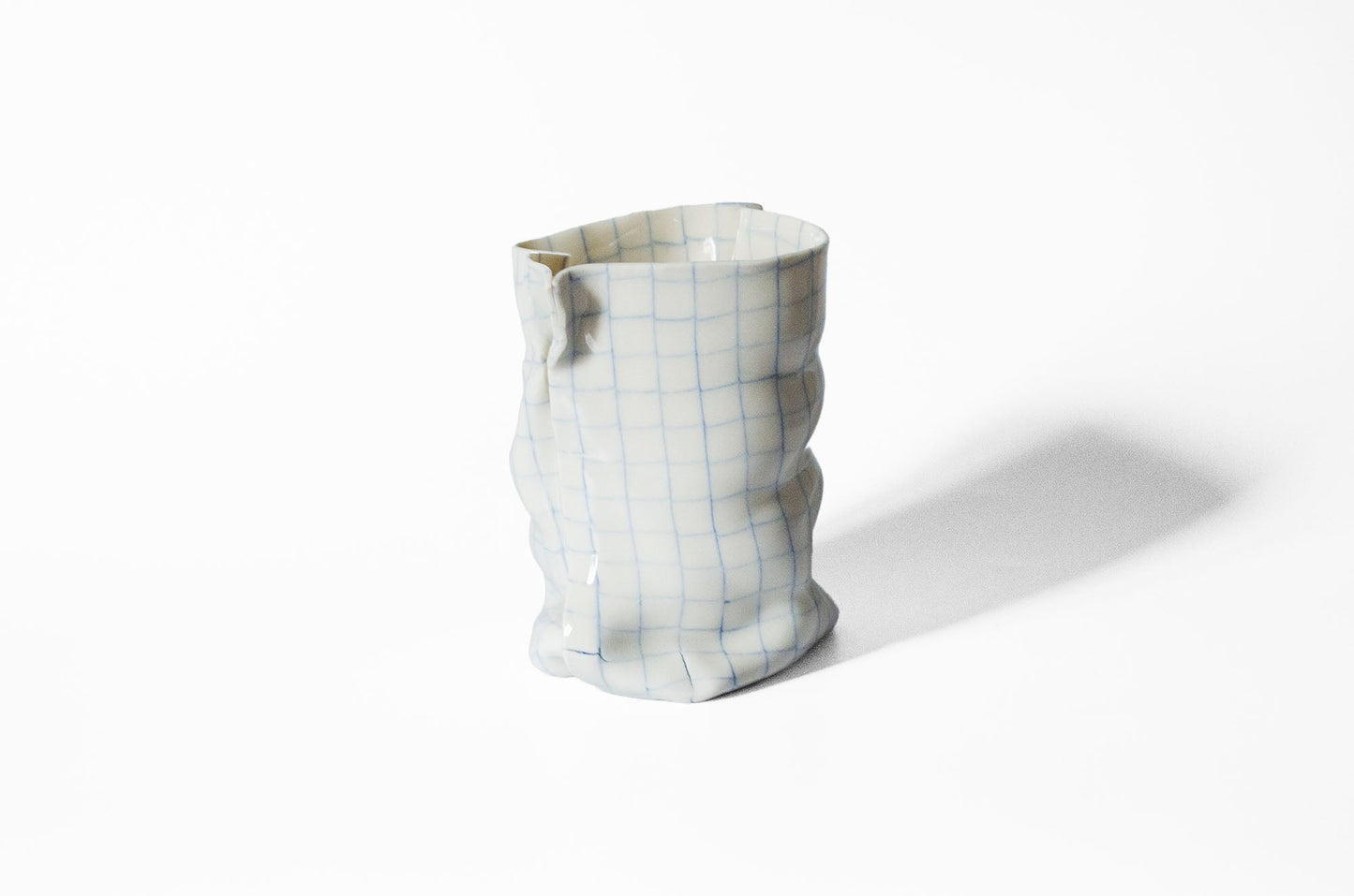 Tall Nerikomi Blue Checkered Bag Vase - Cloth Look