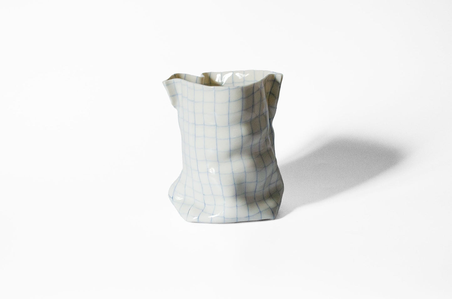 Tall Nerikomi Blue Checkered Bag Vase - Cloth Look
