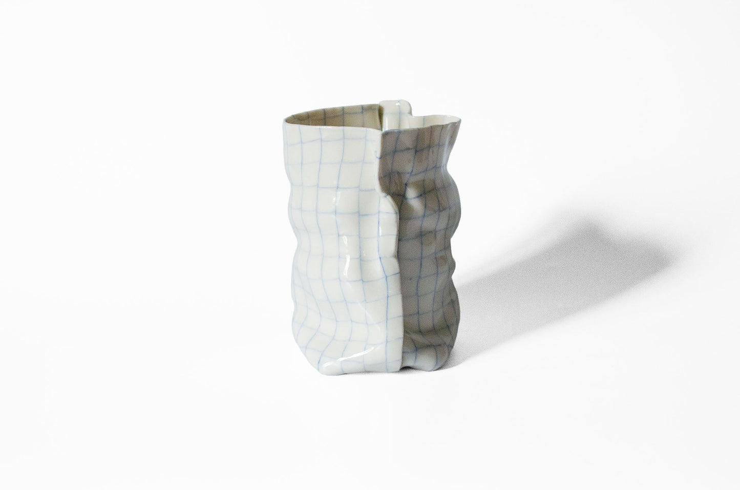 Tall Nerikomi Blue Checkered Bag Vase - Cloth Look