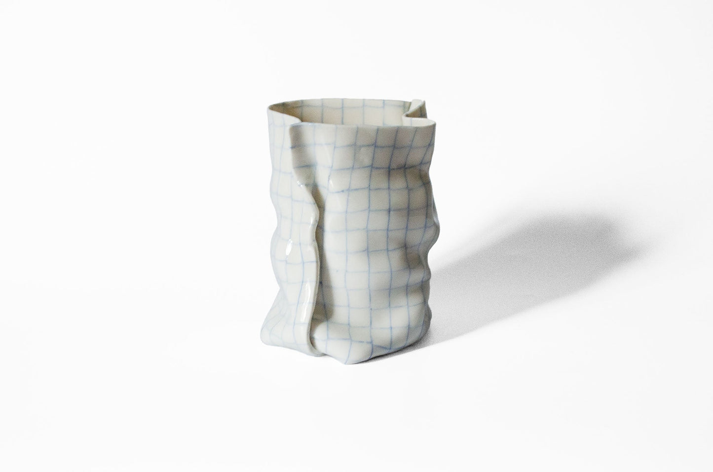 Tall Nerikomi Blue Checkered Bag Vase - Cloth Look