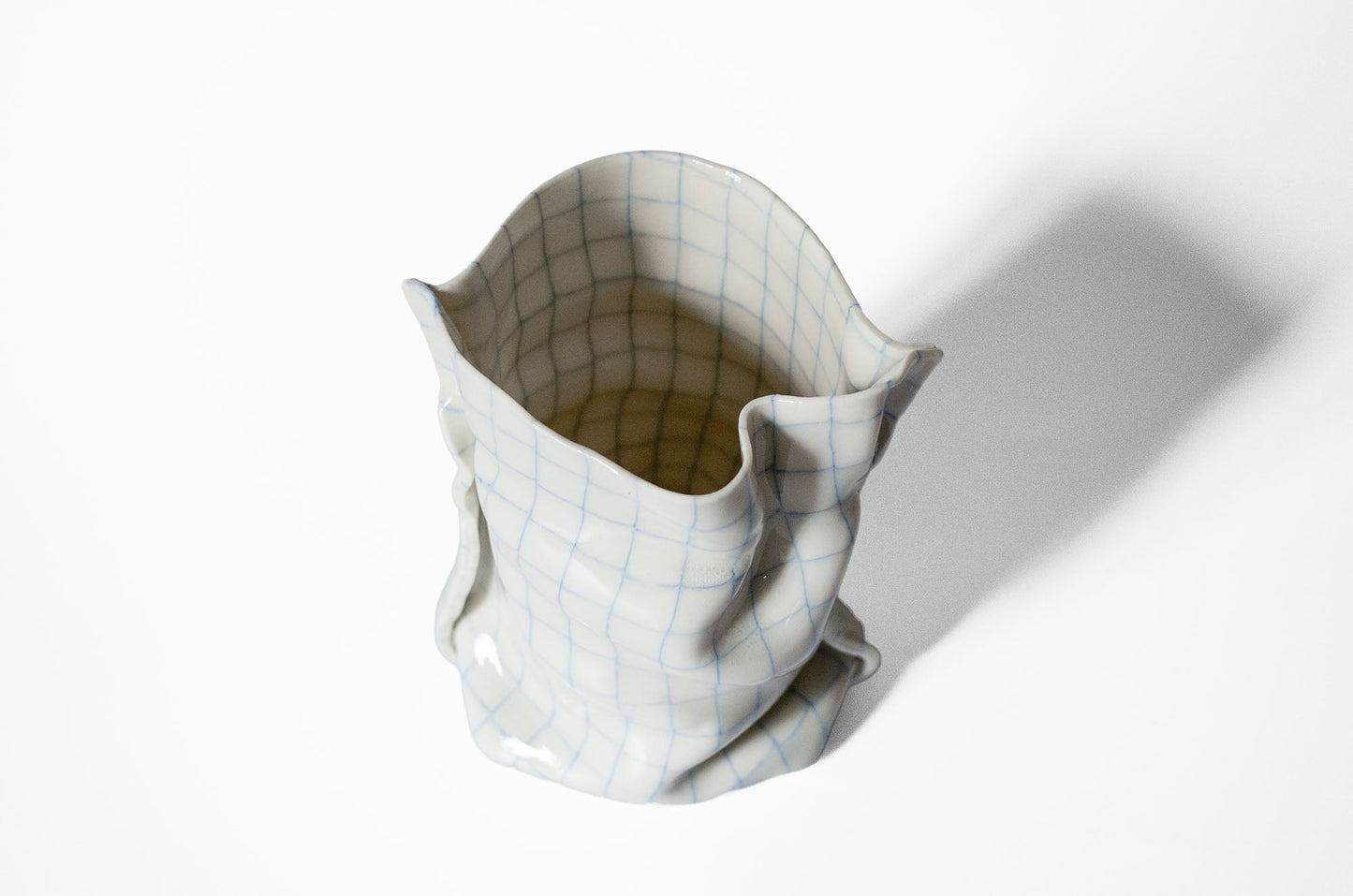 Tall Nerikomi Blue Checkered Bag Vase - Cloth Look