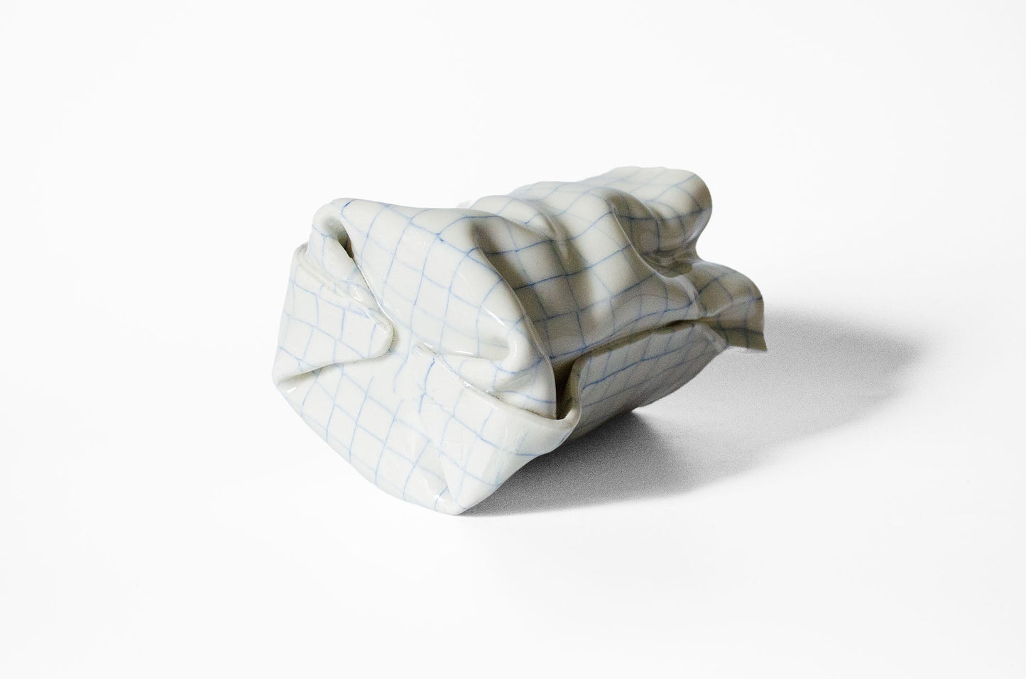 Tall Nerikomi Blue Checkered Bag Vase - Cloth Look