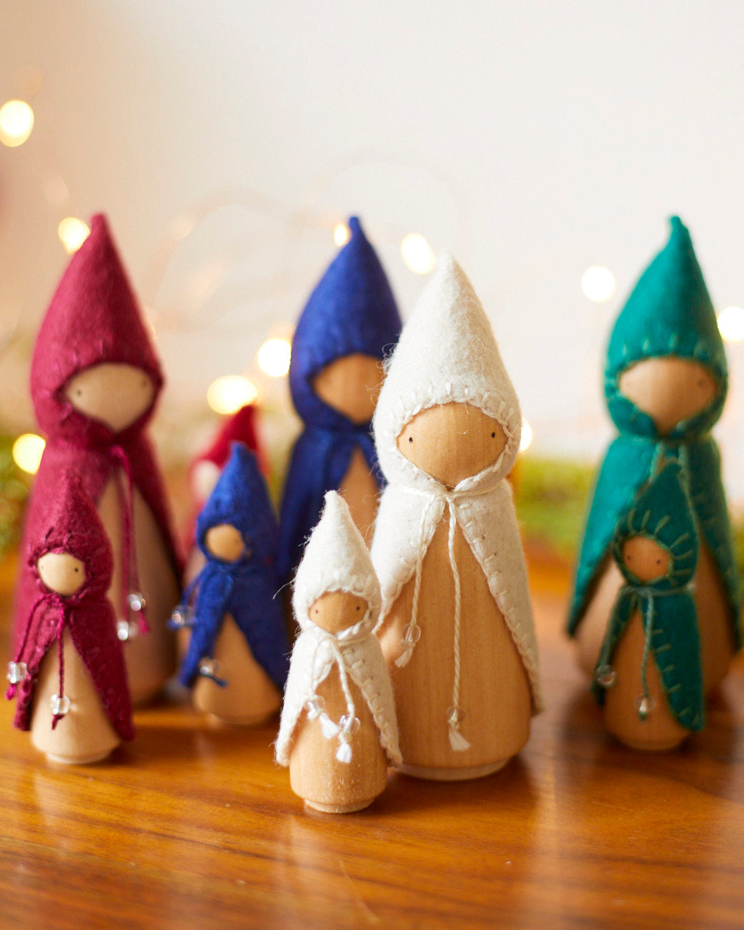 Wooden Gnome with White Beaded Cloak