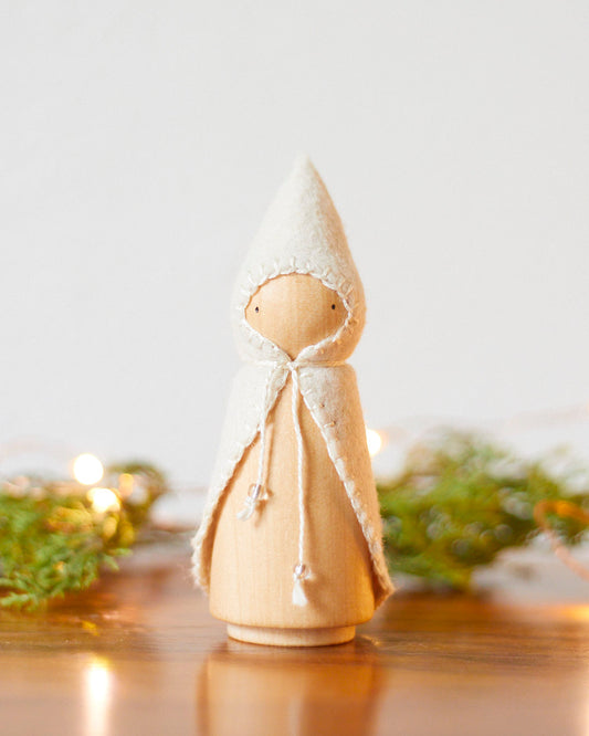 Wooden Gnome with White Beaded Cloak