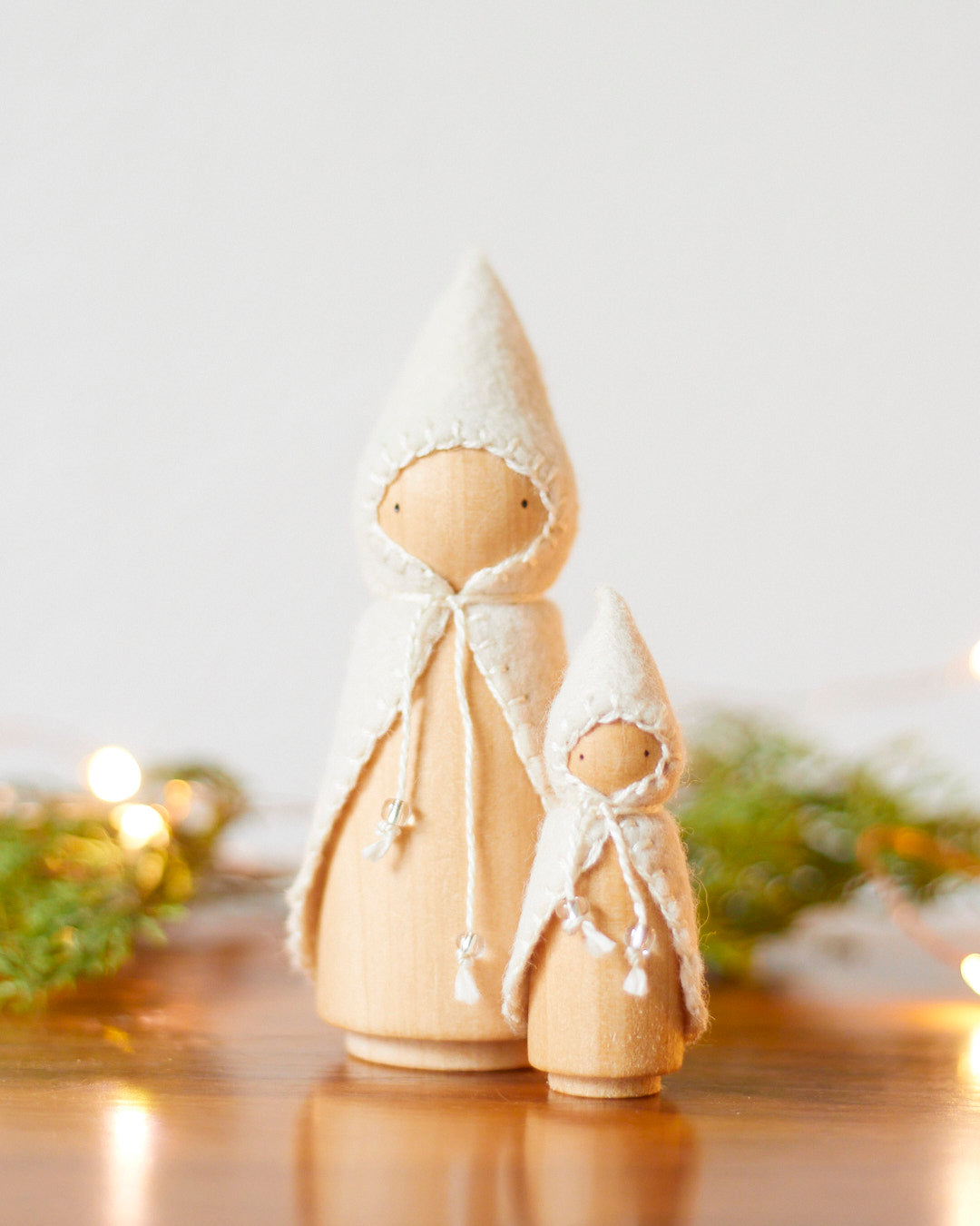 Wooden Gnome with White Beaded Cloak