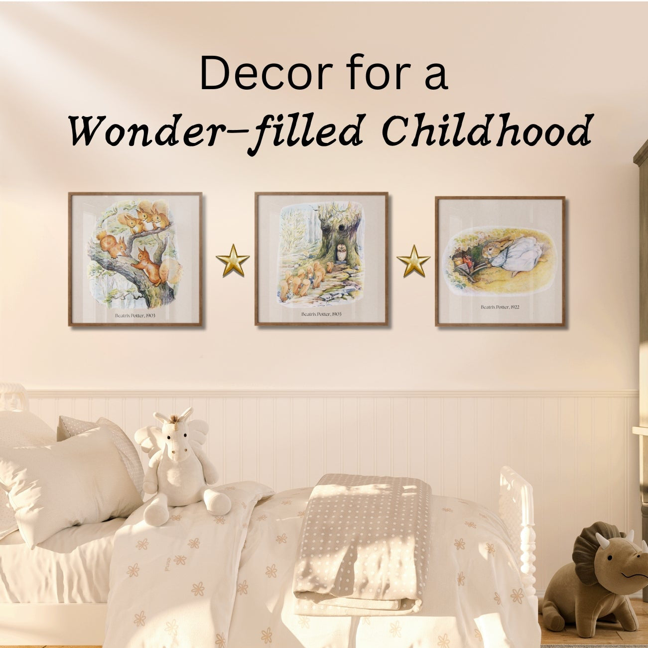 Children's bedroom with decor featuring stuffed animals and wall art, labeled 'The Enchanted Kids Collection' by Bloom & Wonder Shop.
