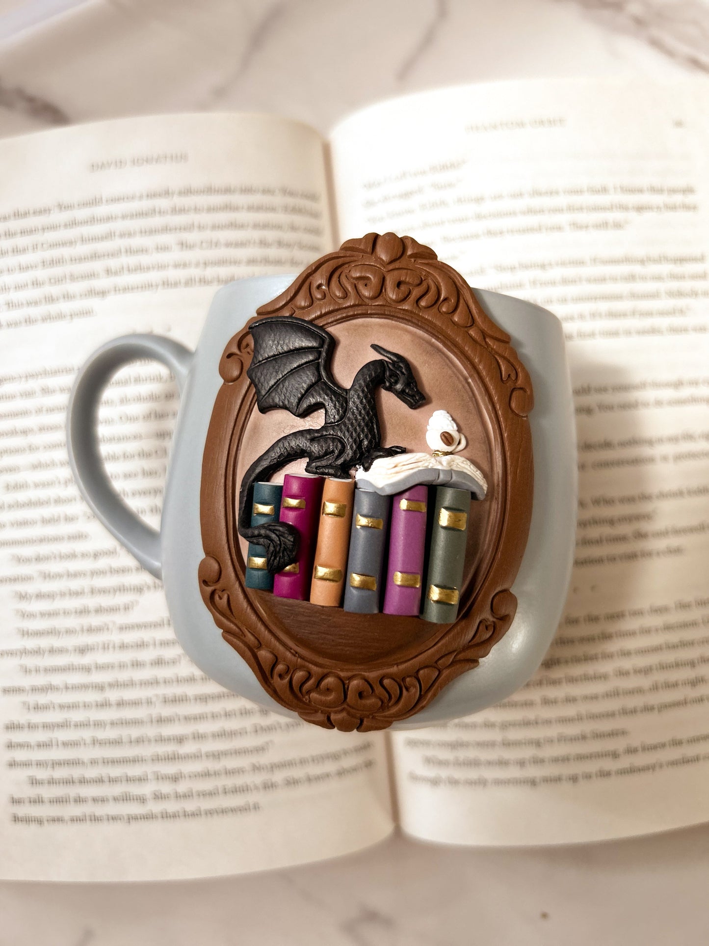 Fantasy Dragon Book Mug - Handmade Polymer Clay Fantasy Gift