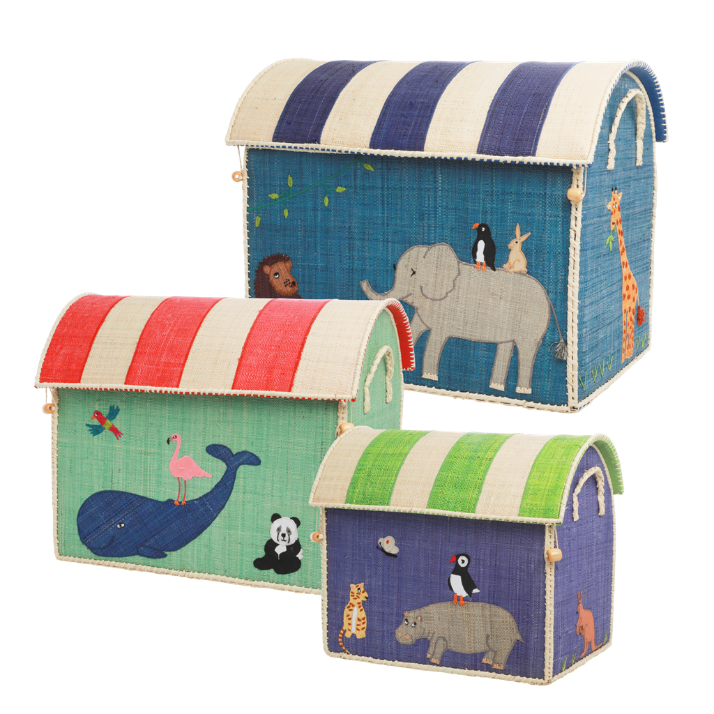 Natural Raffia Storage Baskets for Children, Playful Animal Theme - Set of 3