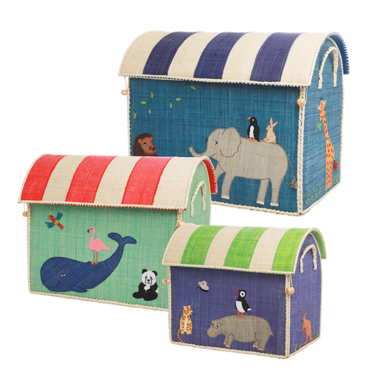 Natural Raffia Storage Baskets for Children, Playful Animal Theme - Set of 3