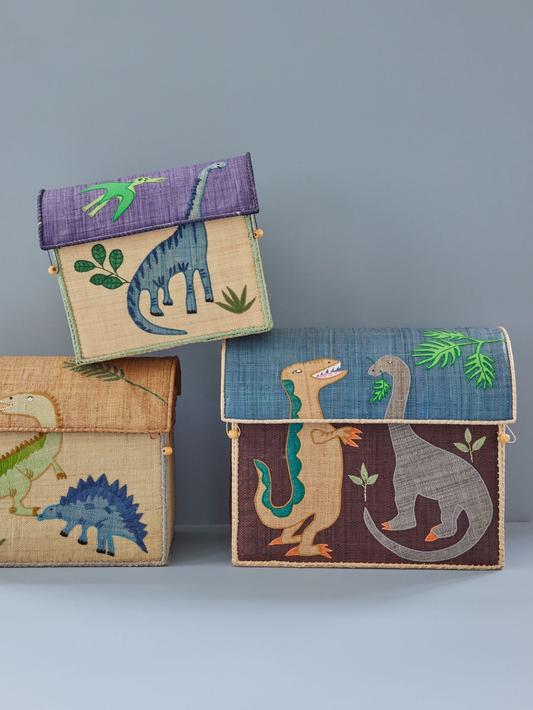 Natural Raffia Storage Baskets for Children with Dinosaur Theme - Set of 3