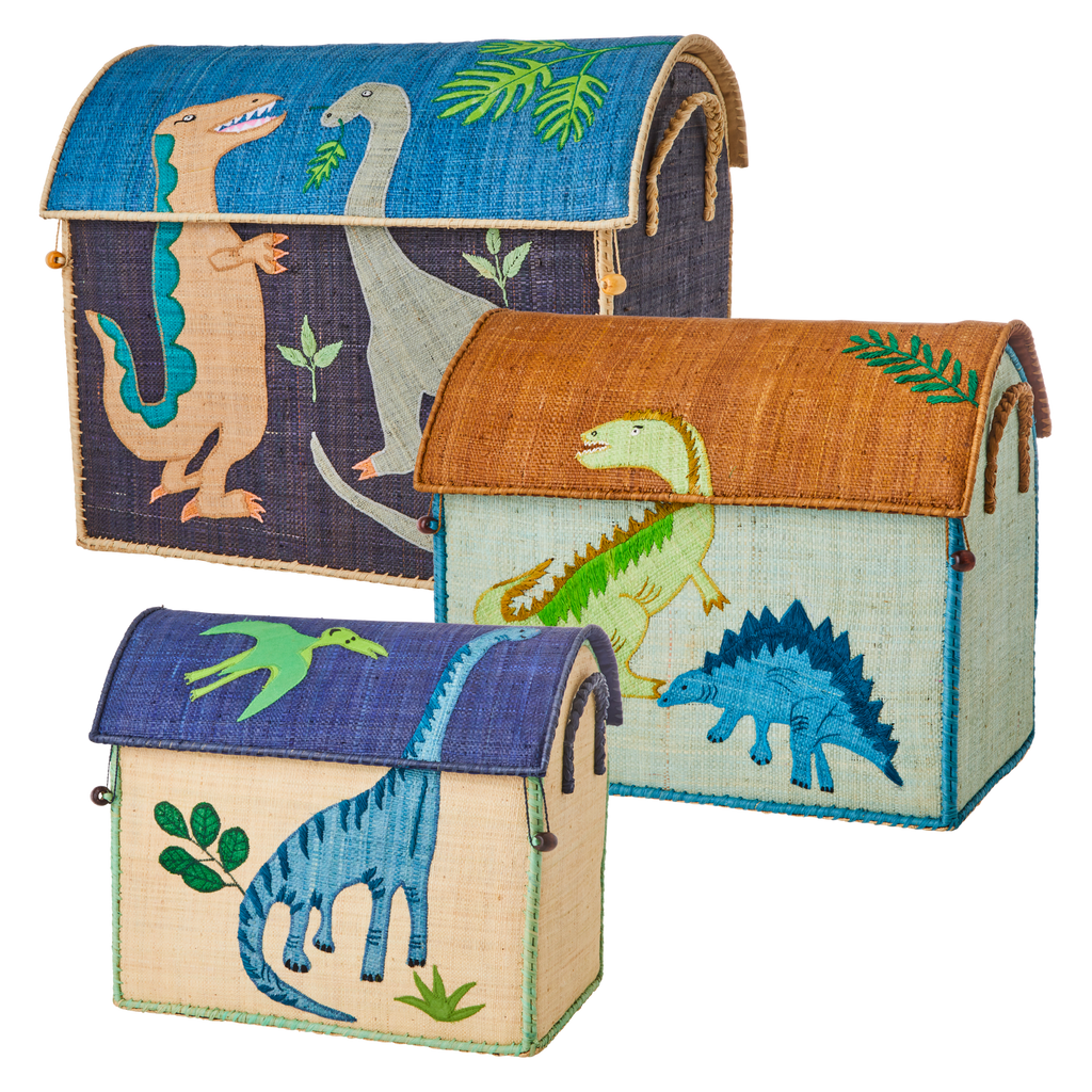 Natural Raffia Storage Baskets for Children with Dinosaur Theme - Set of 3