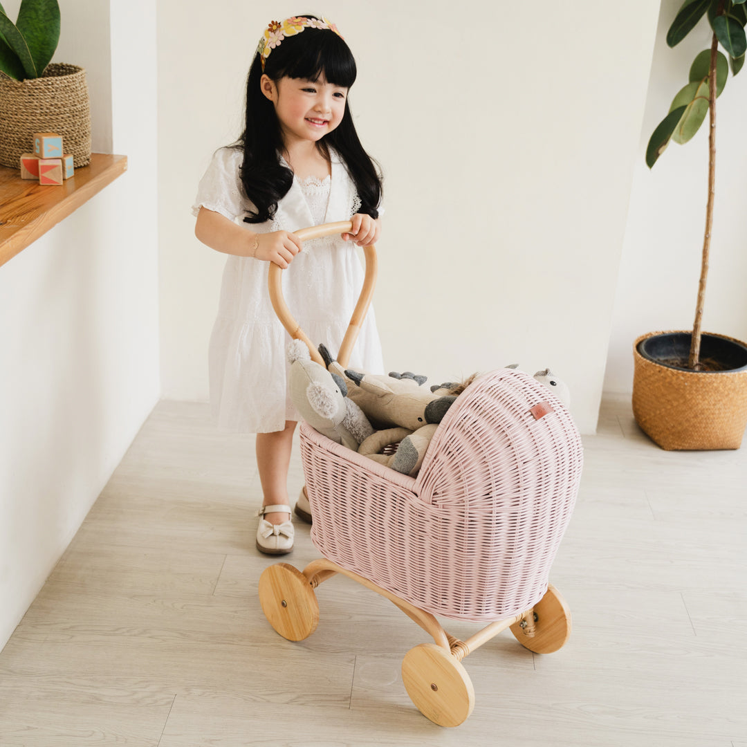 Rattan Crafted Doll Stroller - Colette Pink
