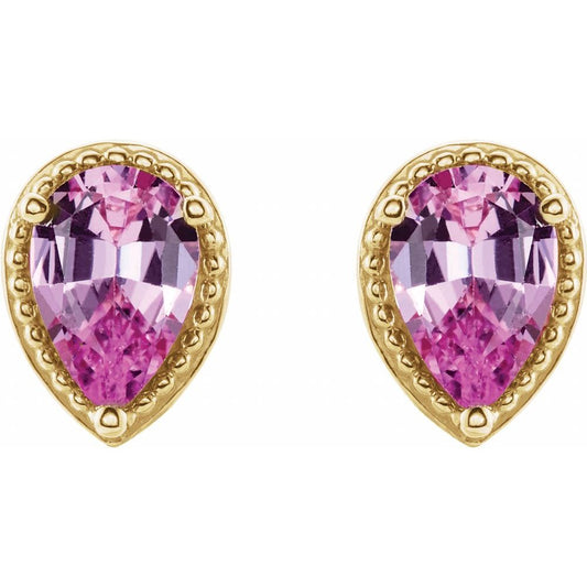 Pink Tear Stud Earrings - 14K Gold & Pink Sapphire