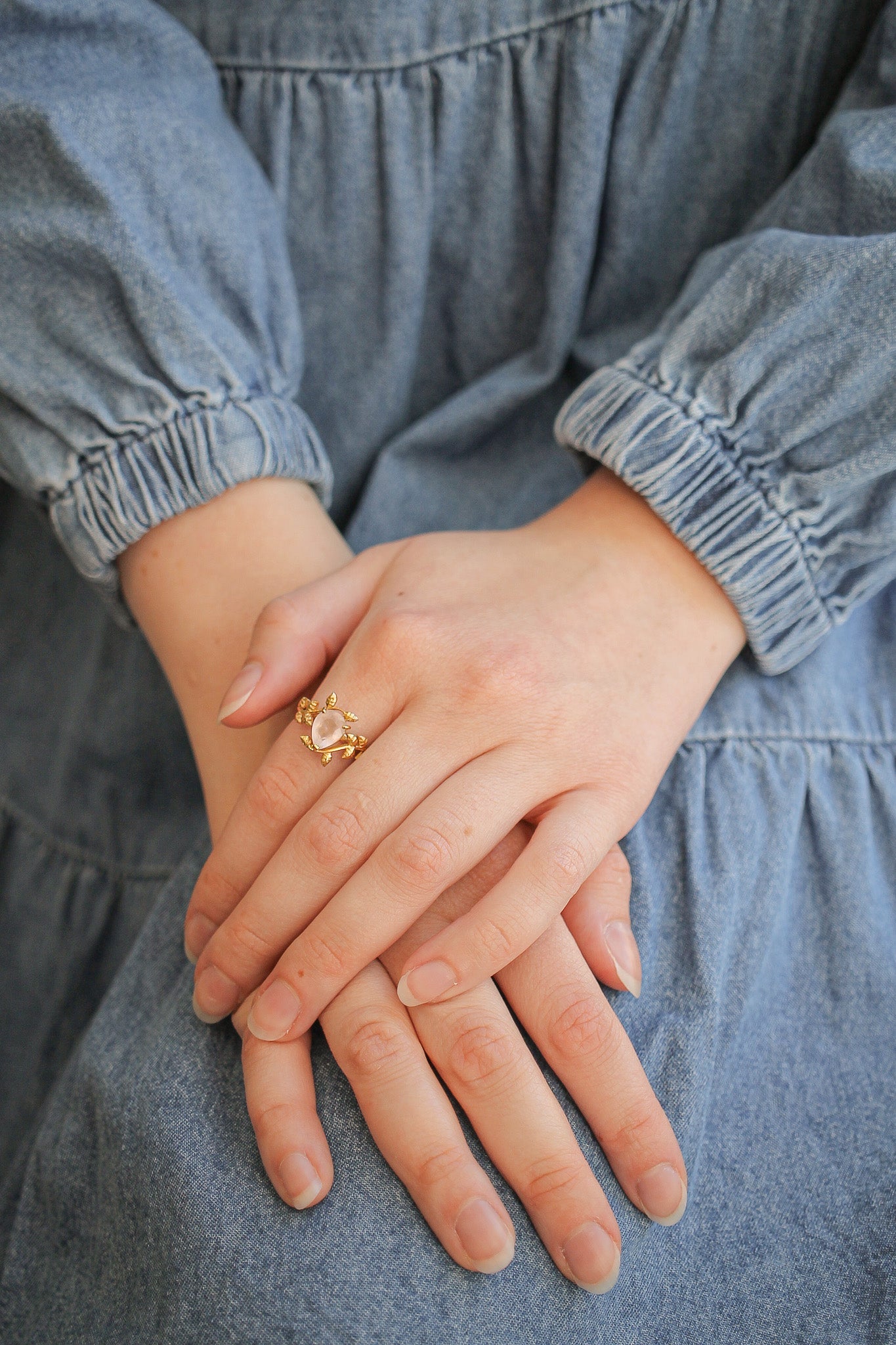 Seraphina Ring - Pink Rose Quartz Ring with Olive Leaf