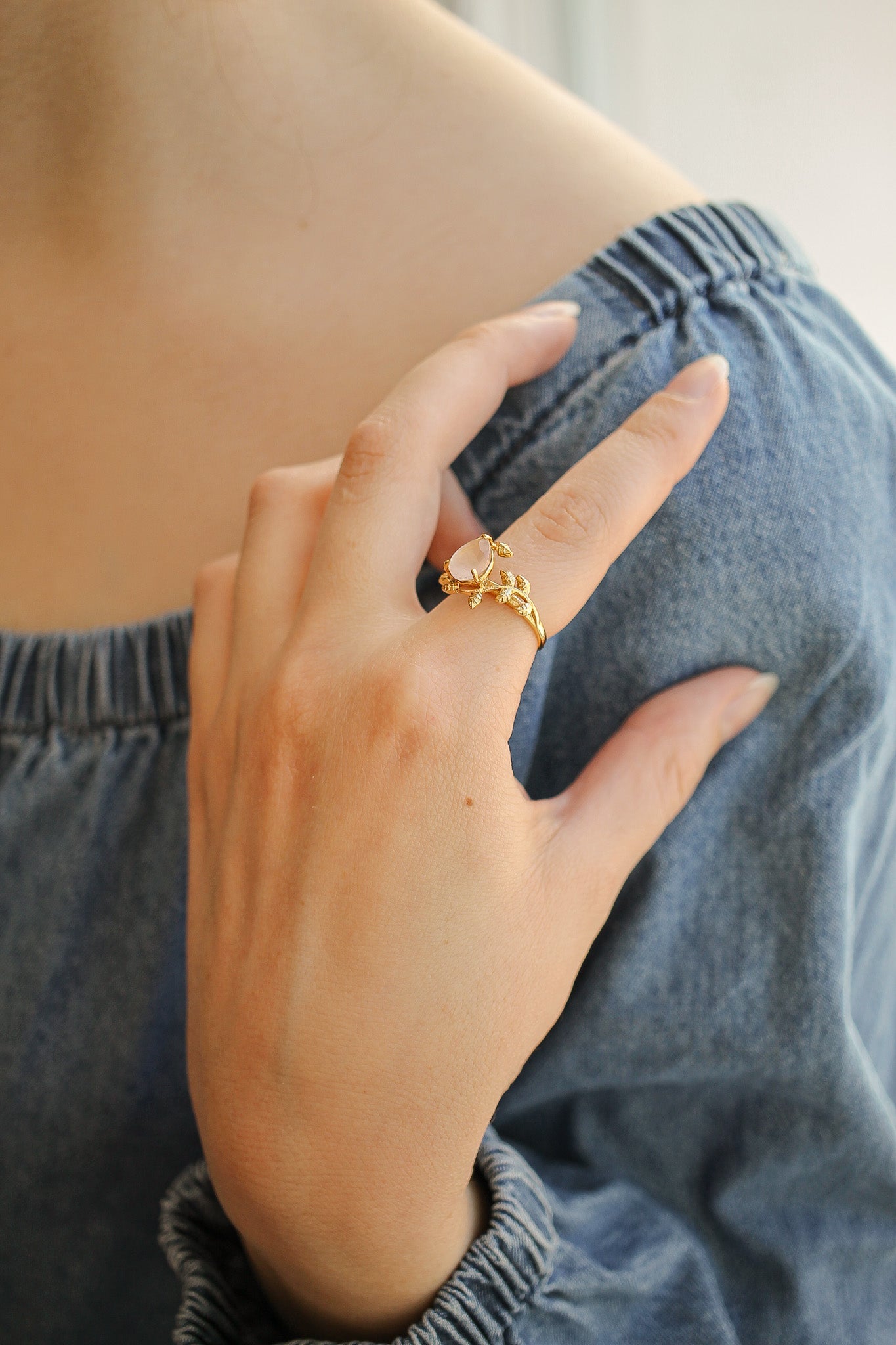 Seraphina Ring - Pink Rose Quartz Ring with Olive Leaf