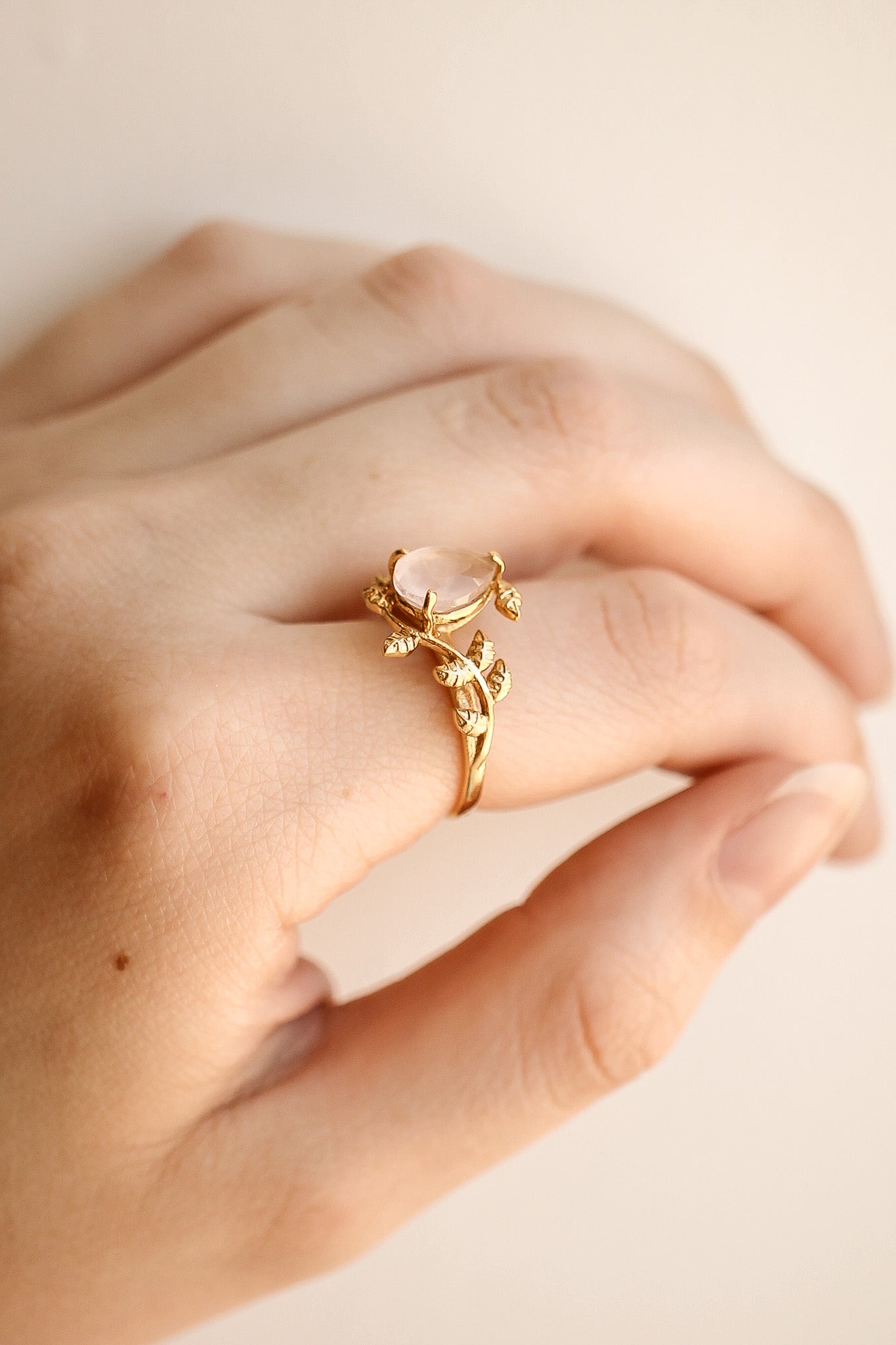 Seraphina Ring - Pink Rose Quartz Ring with Olive Leaf