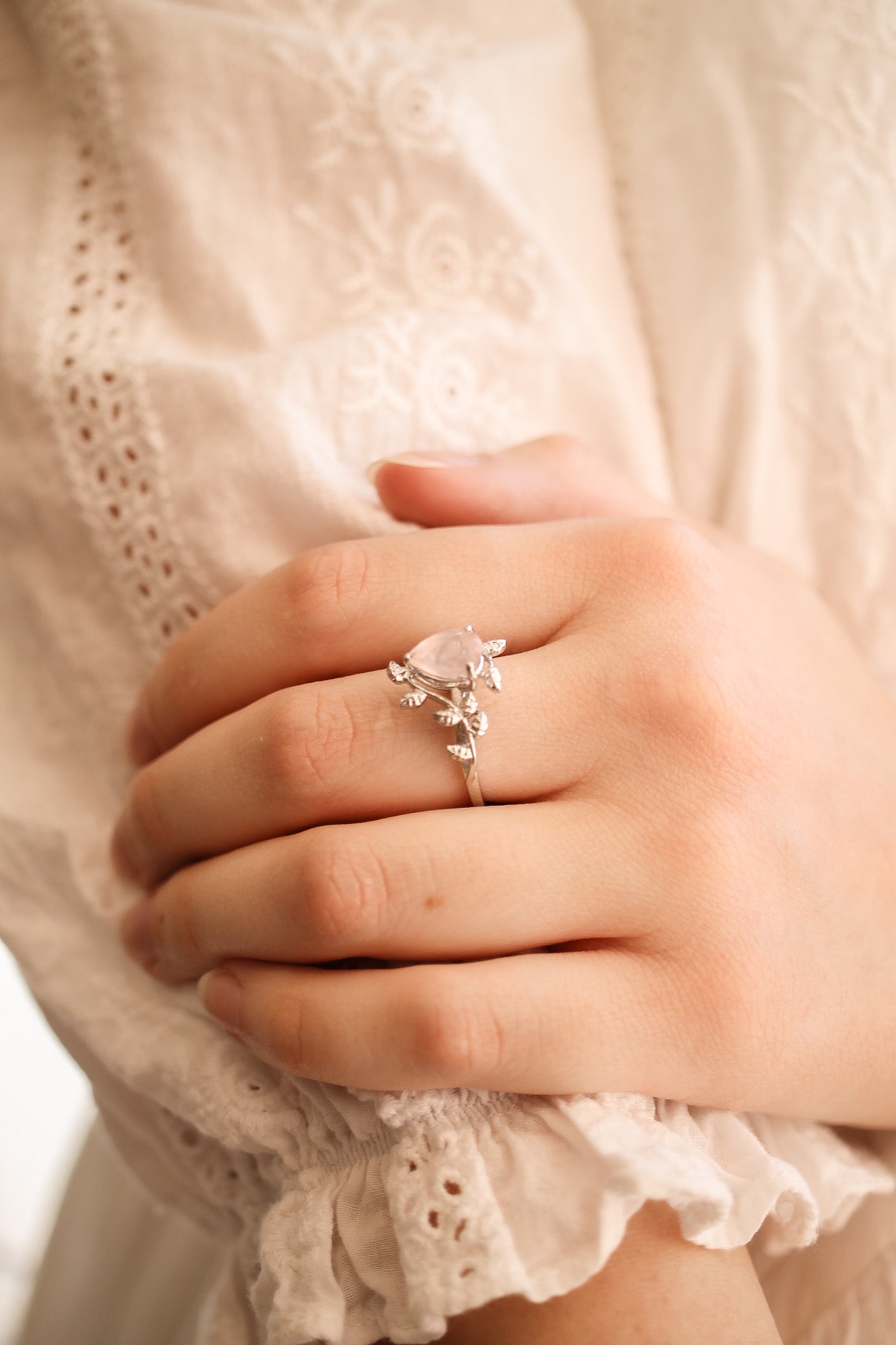 Seraphina Ring - Pink Rose Quartz Ring with Olive Leaf