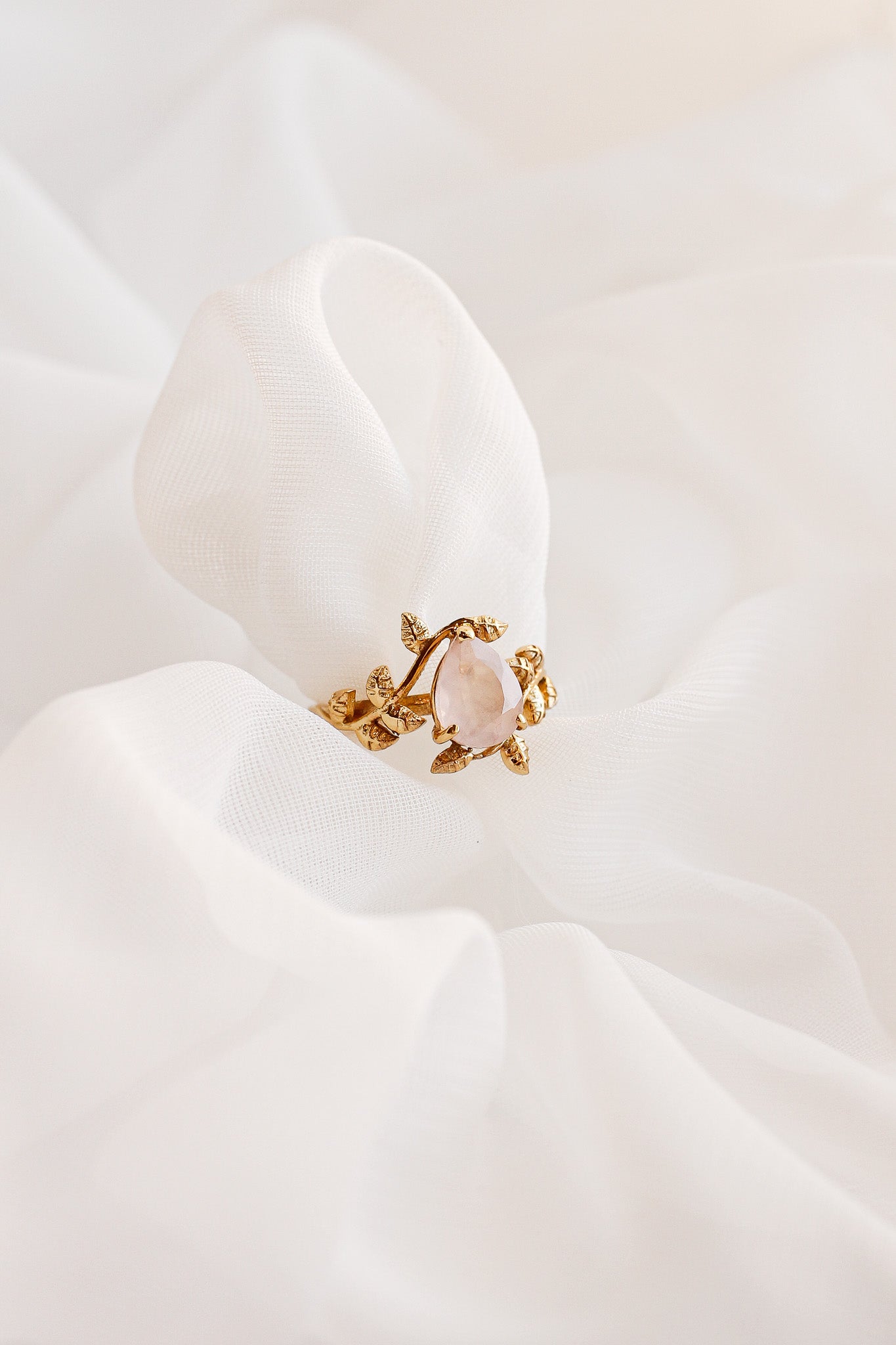 Seraphina Ring - Pink Rose Quartz Ring with Olive Leaf