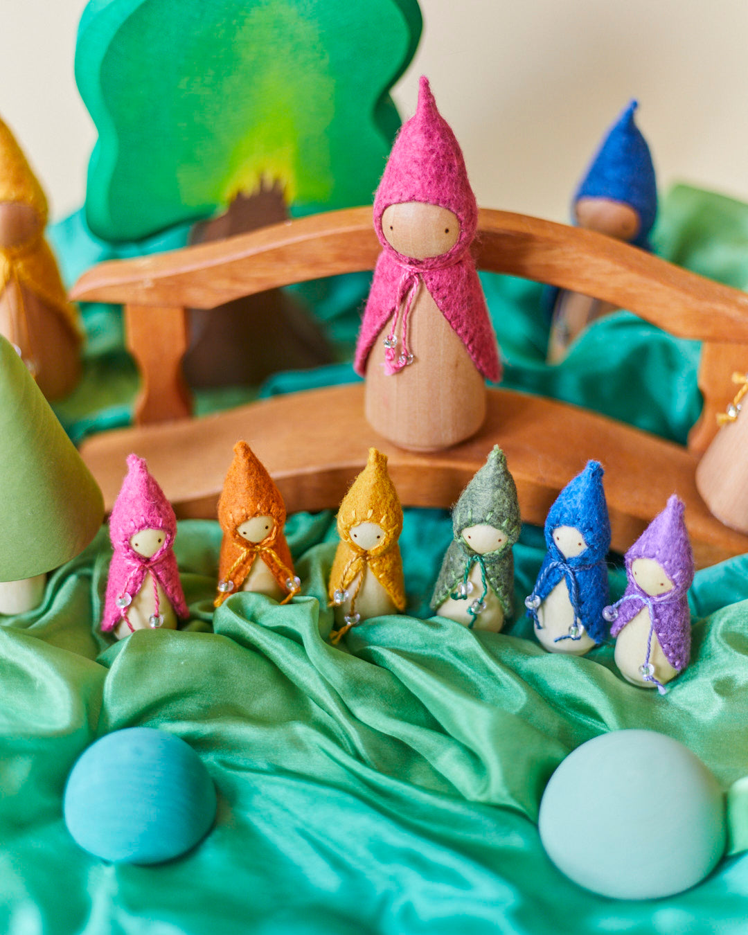 Rainbow Wooden Gnome Set - Minis with Cloaks