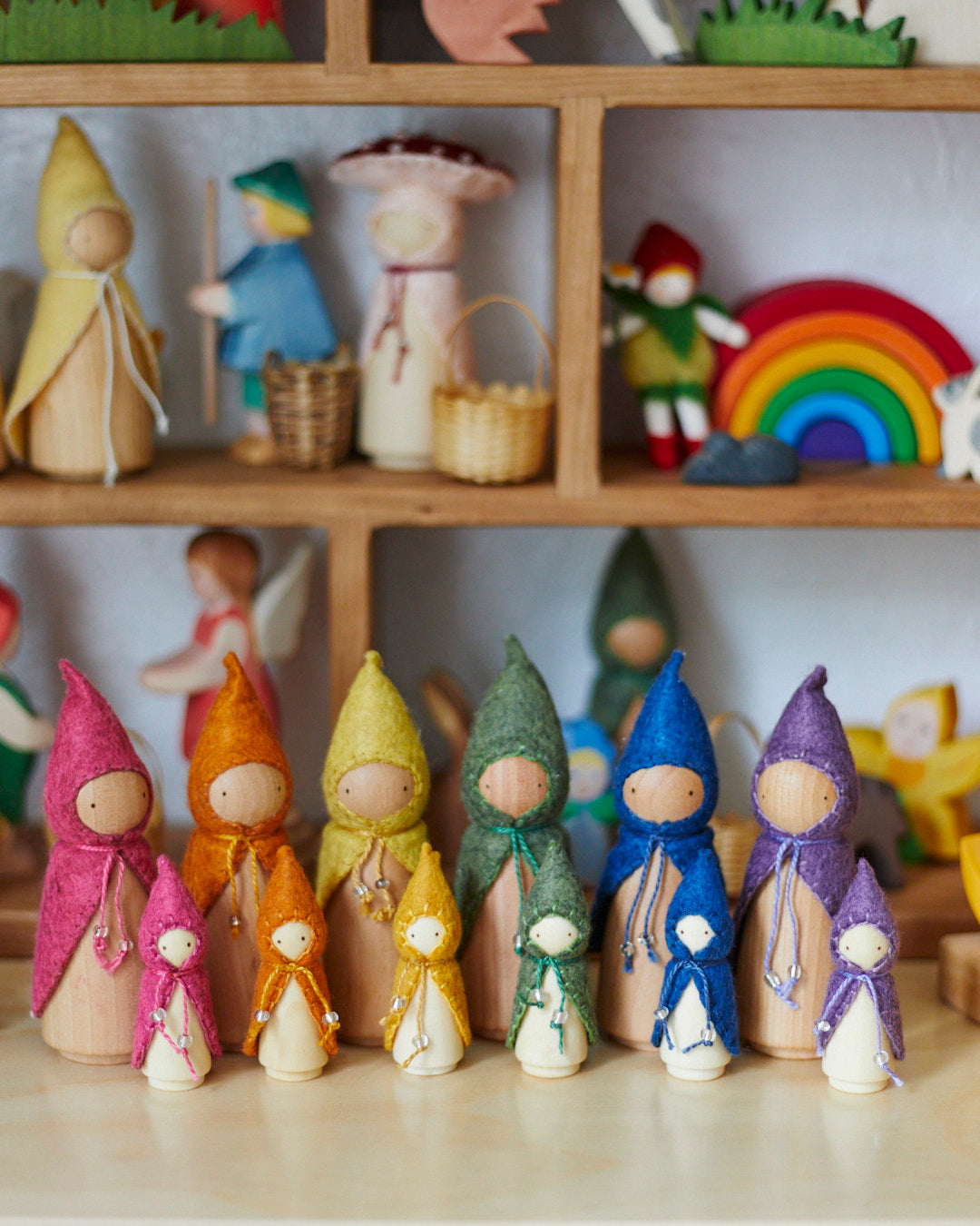 Rainbow Wooden Gnome Set - Minis with Cloaks