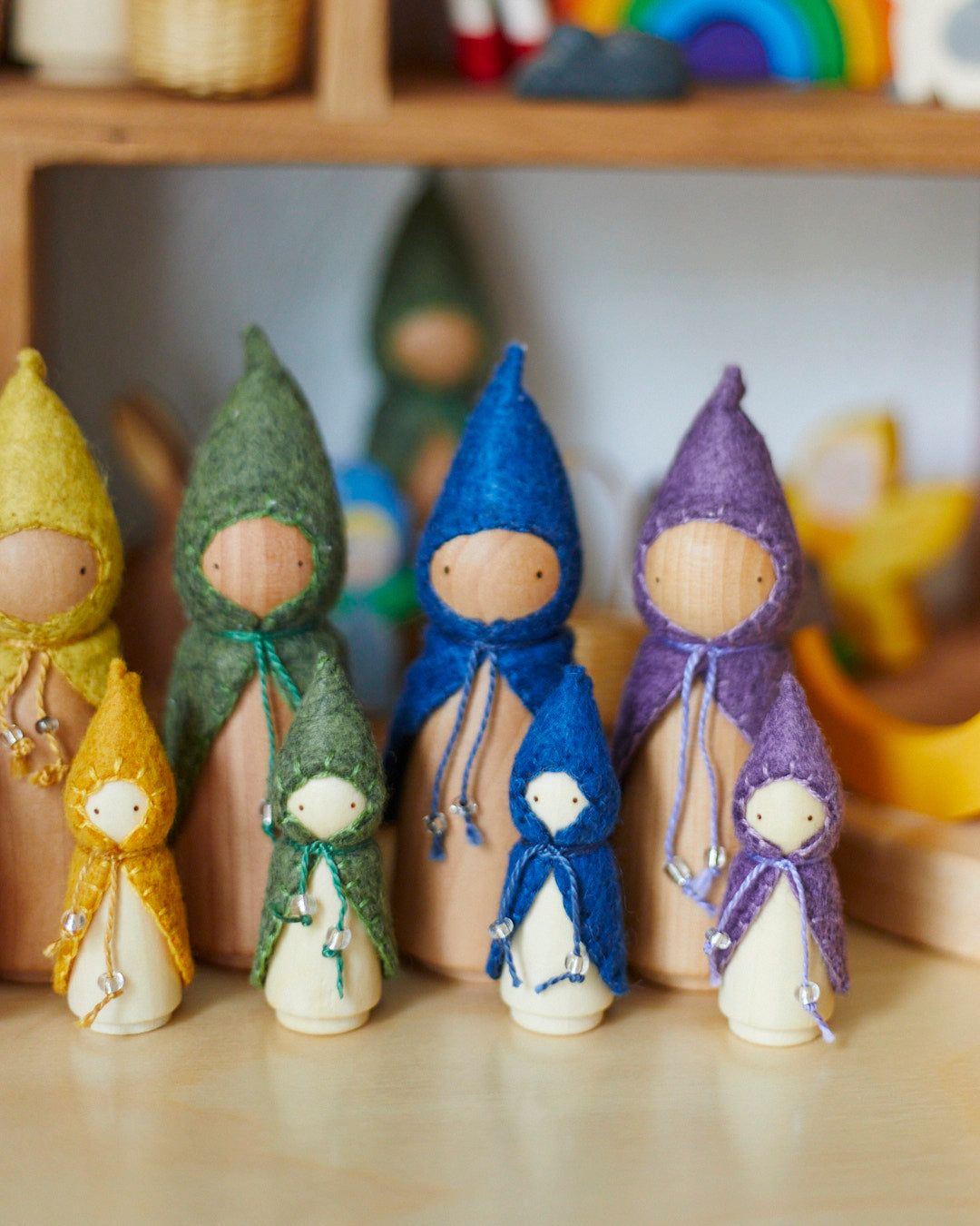 Rainbow Wooden Gnome Set - Minis with Cloaks