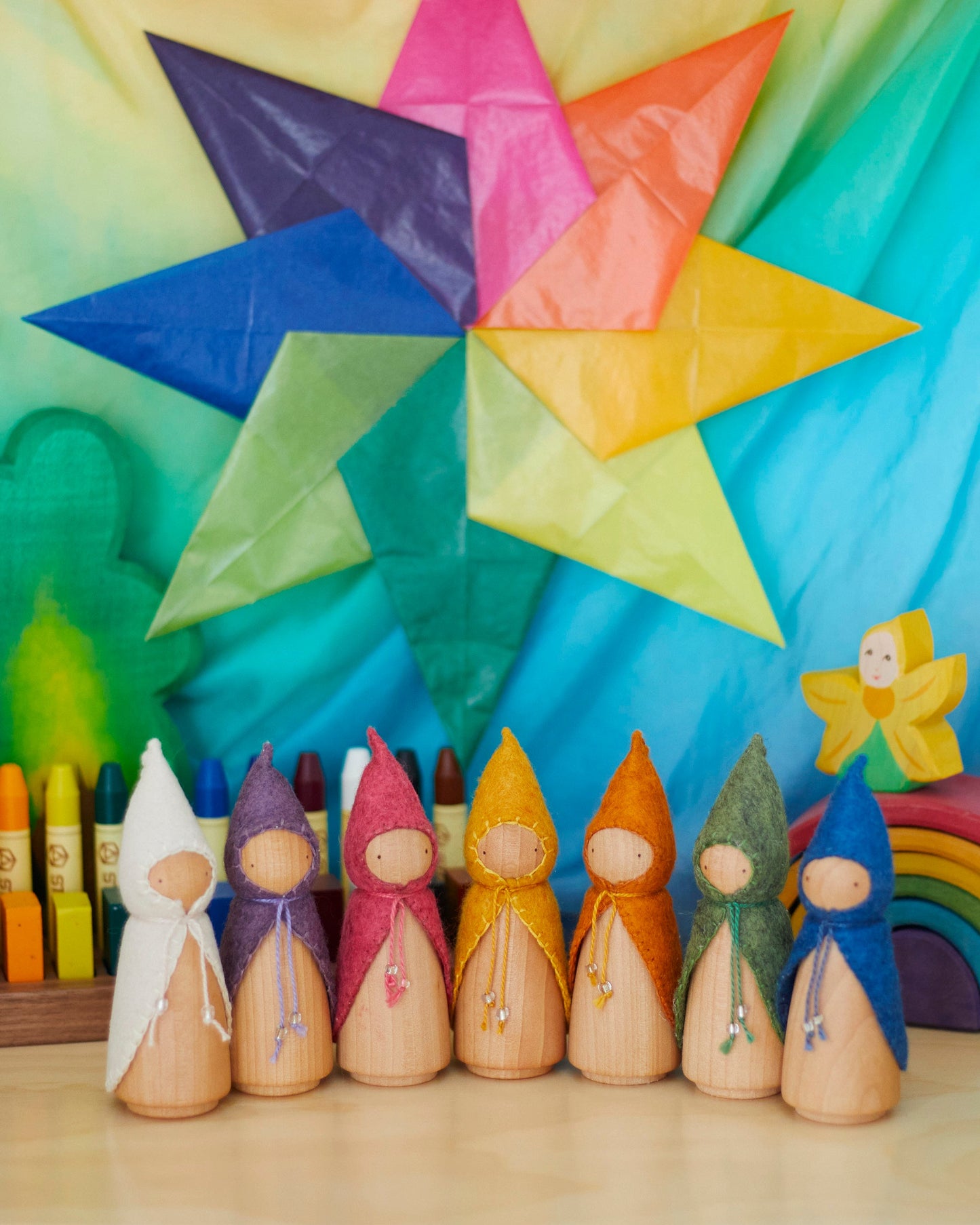 Waldorf Colors of the Week Wooden Gnomes, Set of 7