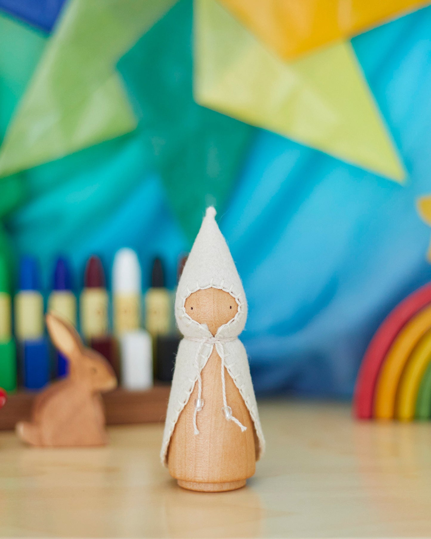Wooden Gnome with White Beaded Cloak