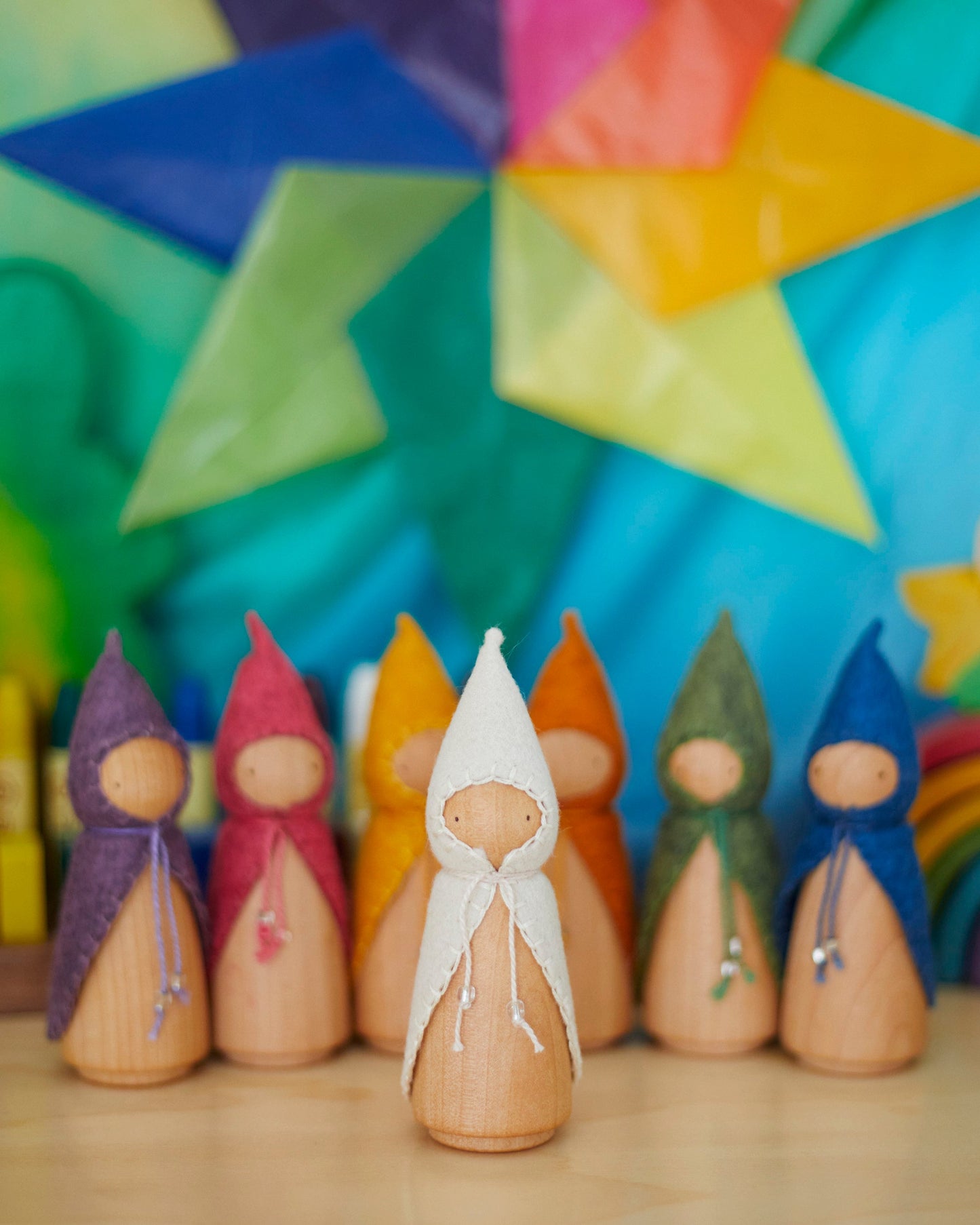 Wooden Gnome with White Beaded Cloak