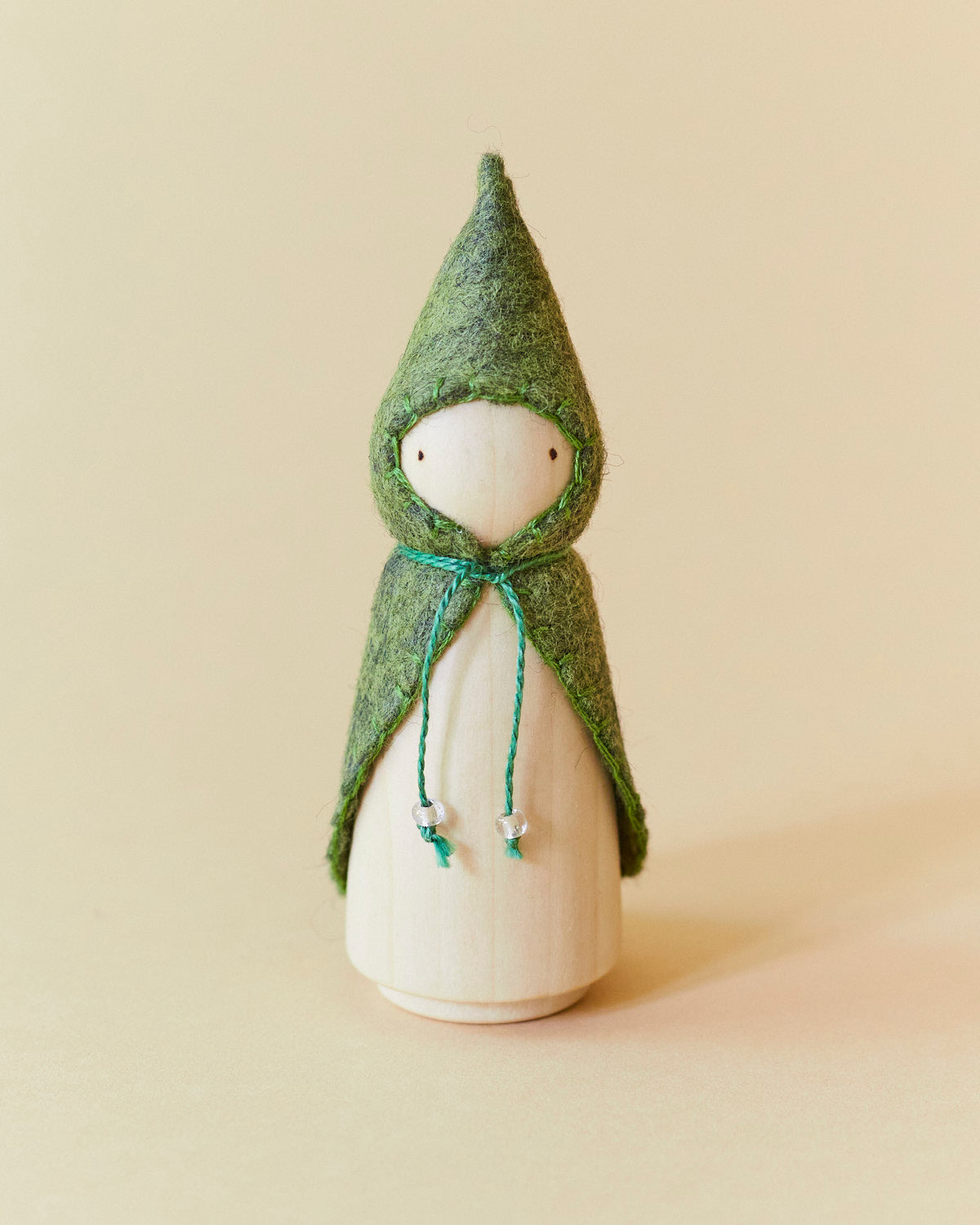 Wooden Gnome with Green Beaded Cloak