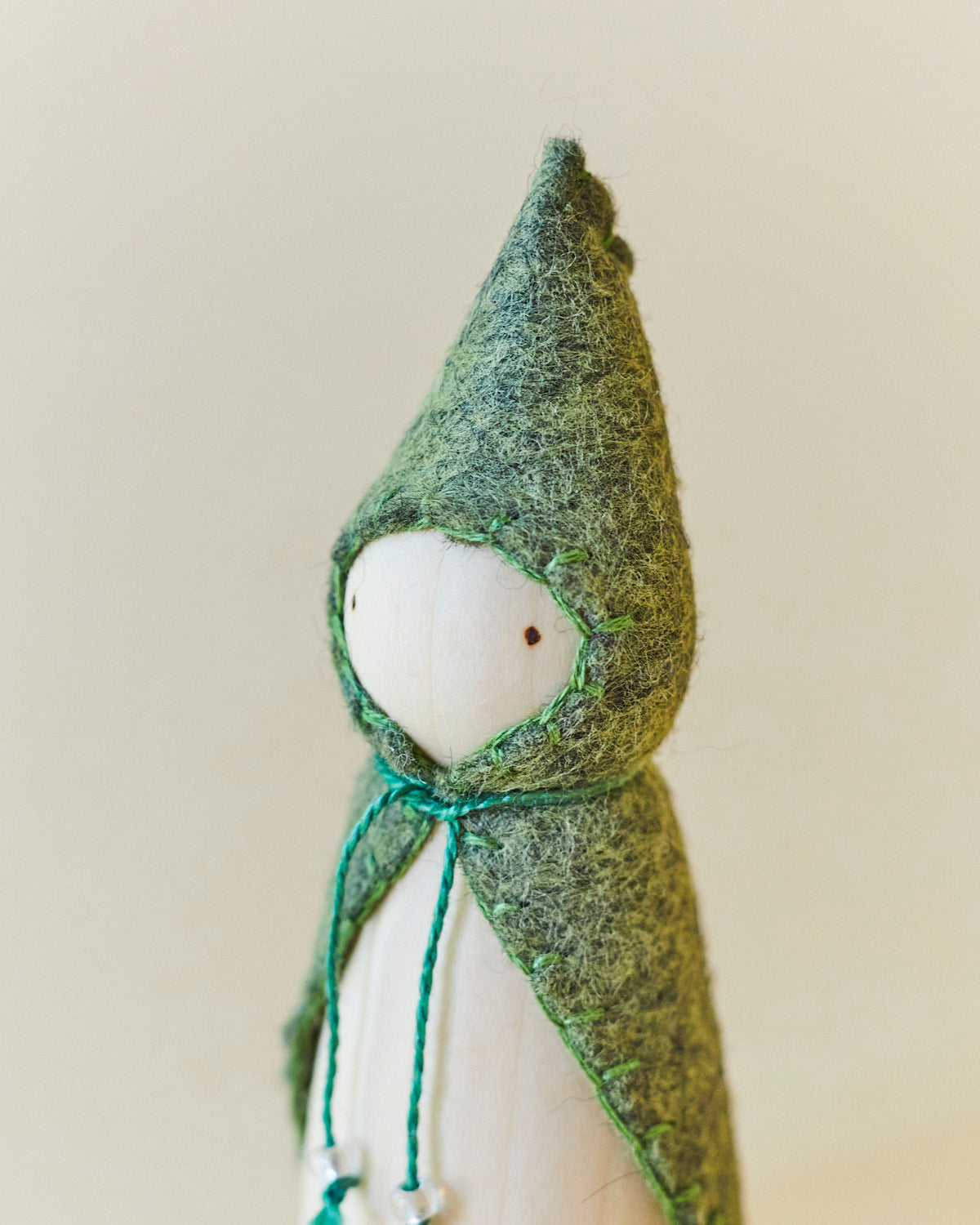 Wooden Gnome with Green Beaded Cloak