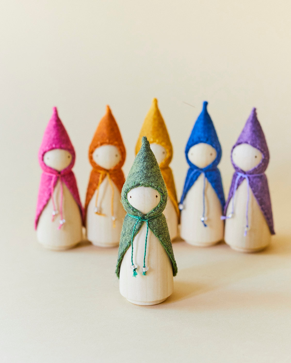 Wooden Gnome with Green Beaded Cloak