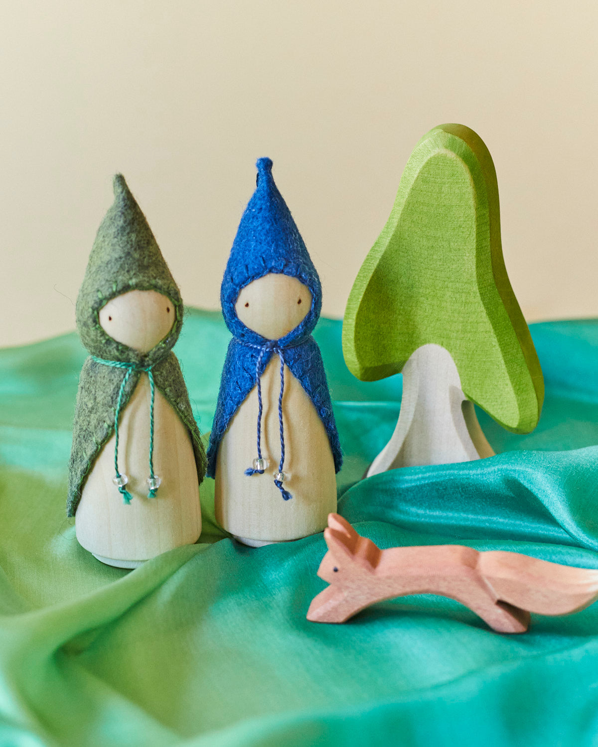 Wooden Gnome with Green Beaded Cloak