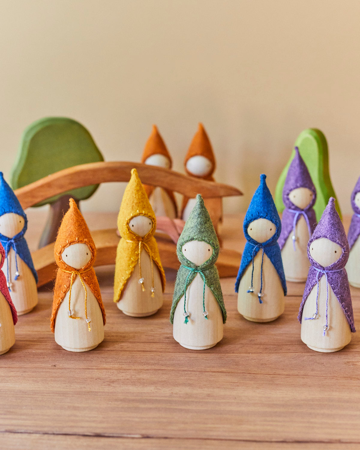 Rainbow Wooden Gnome with Cloaks Set - Full Sized Set of Six