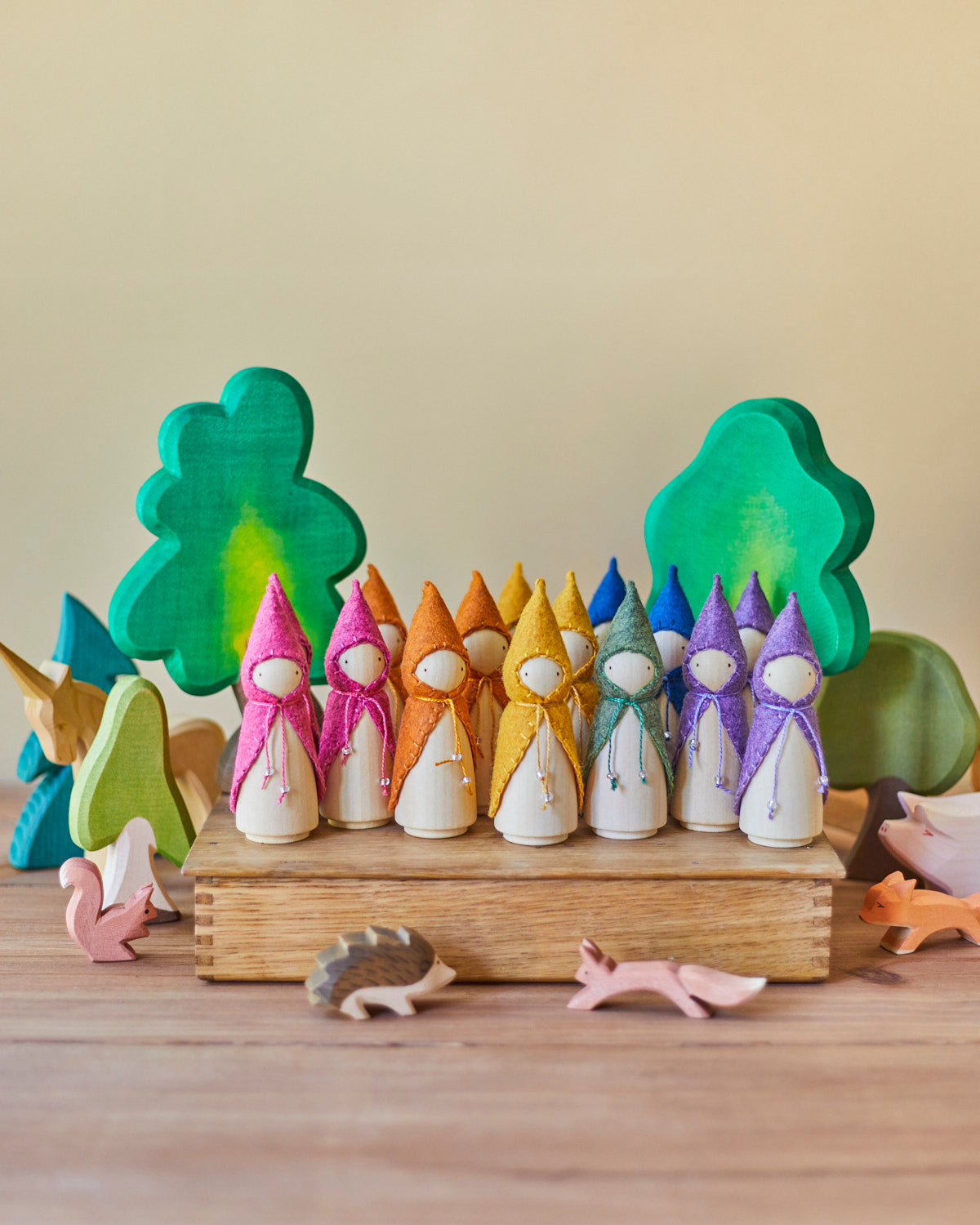 Rainbow Wooden Gnome with Cloaks Set - Full Sized Set of Six