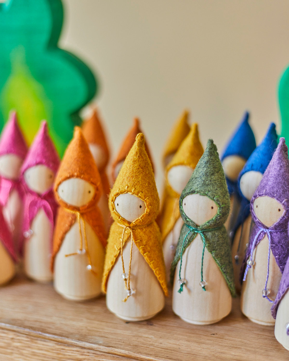 Wooden Gnome with Green Beaded Cloak