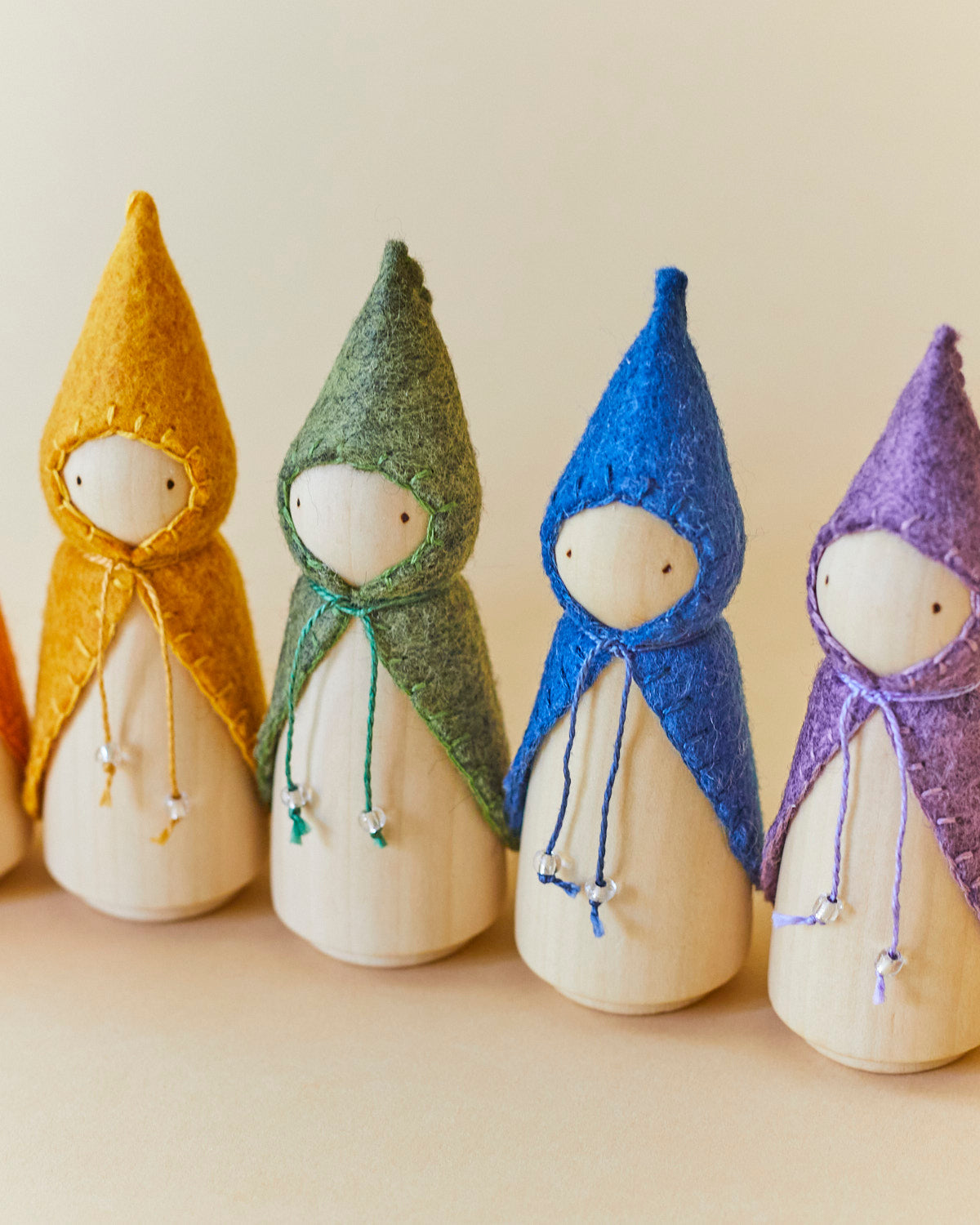 Wooden Gnome with Green Beaded Cloak