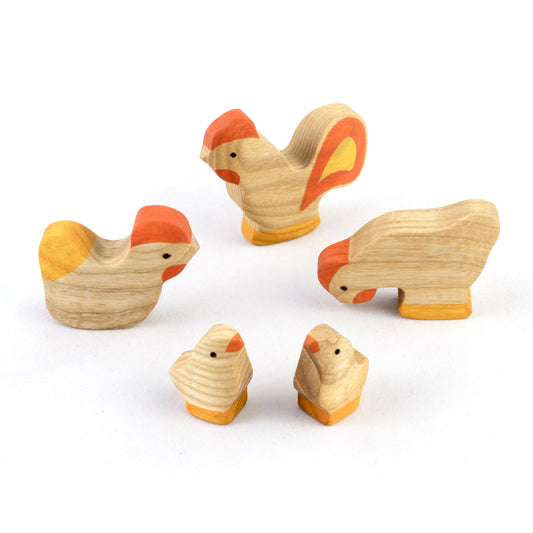 Waldorf Natural Wooden Rooster with Chickens - Set of Five