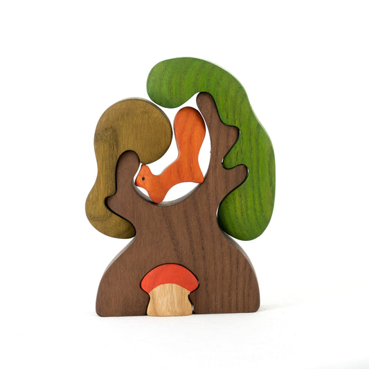 Whimsical Wooden Tree Puzzle with Squirrel and Mushroom